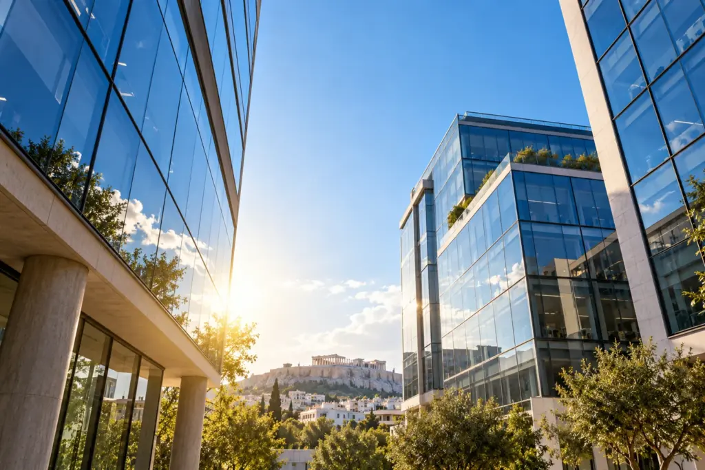 Ασφάλιση επιχείρησης — σύγχρονα κτίρια γραφείων — ενδεικτική εικόνα AI